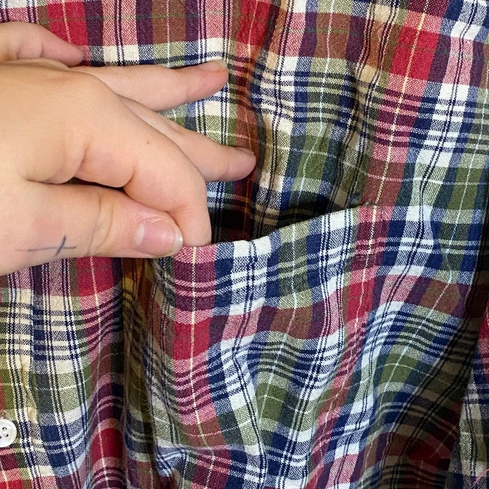 Vintage Red Sky Mens Large Short Sleeve Button Down Shirt Plaid‎ Cotton Red Y2K